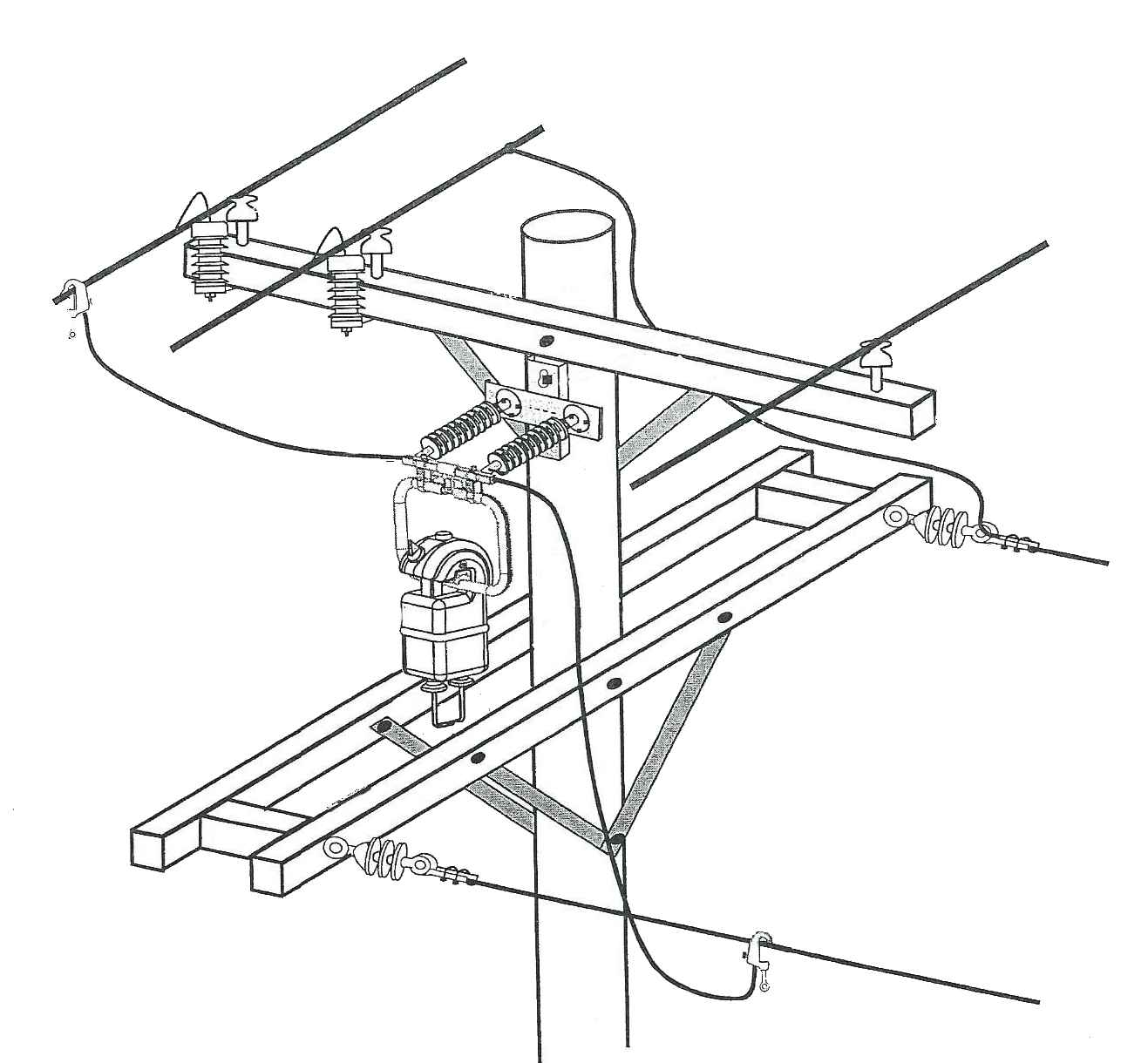 Low threshold current power supply suspended from pole mounted bracket wo bkgd